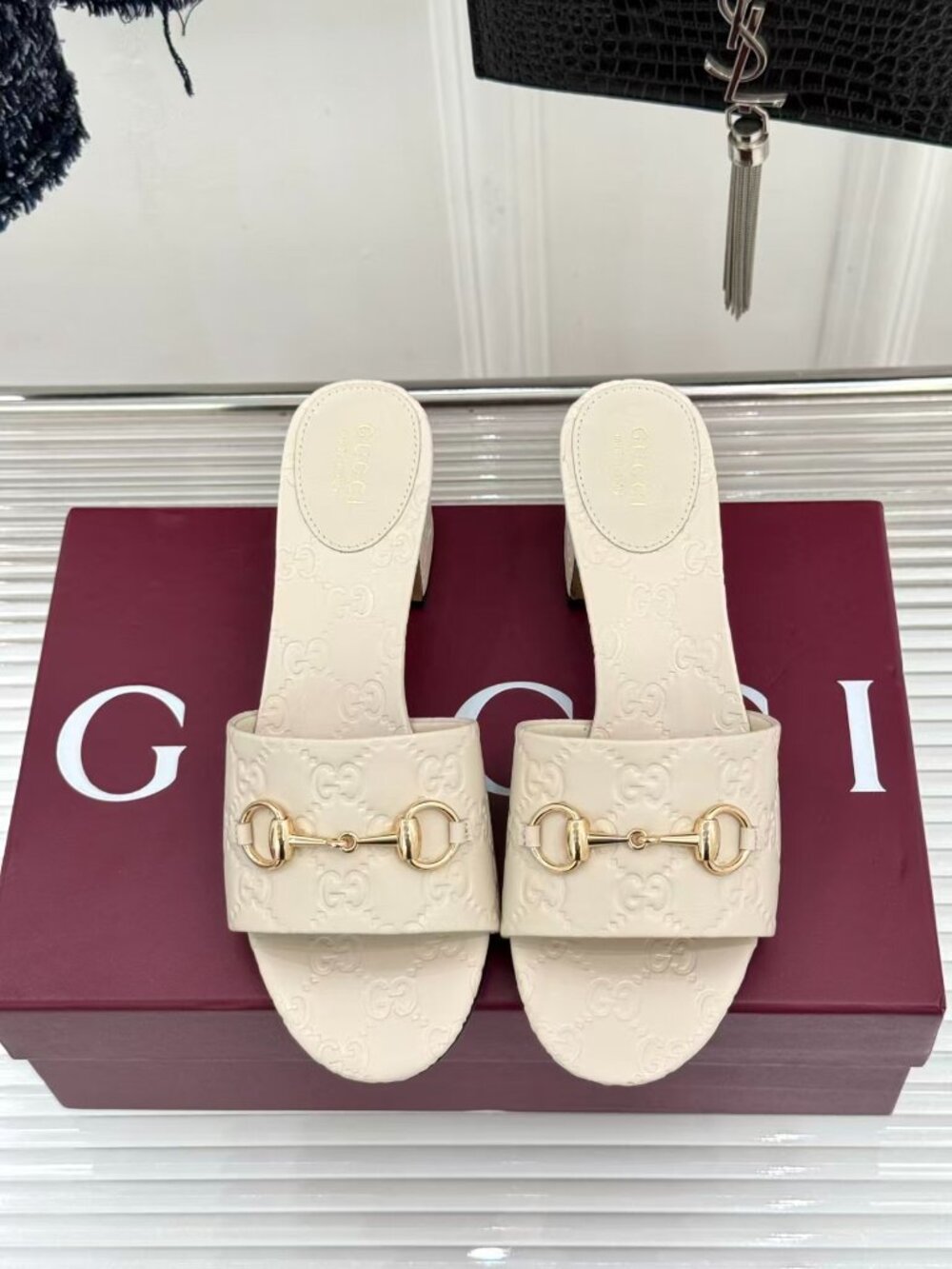 Gucci Cream GG Embossed Leather Slide Heels Gold Horsebit Block Heel Sandals